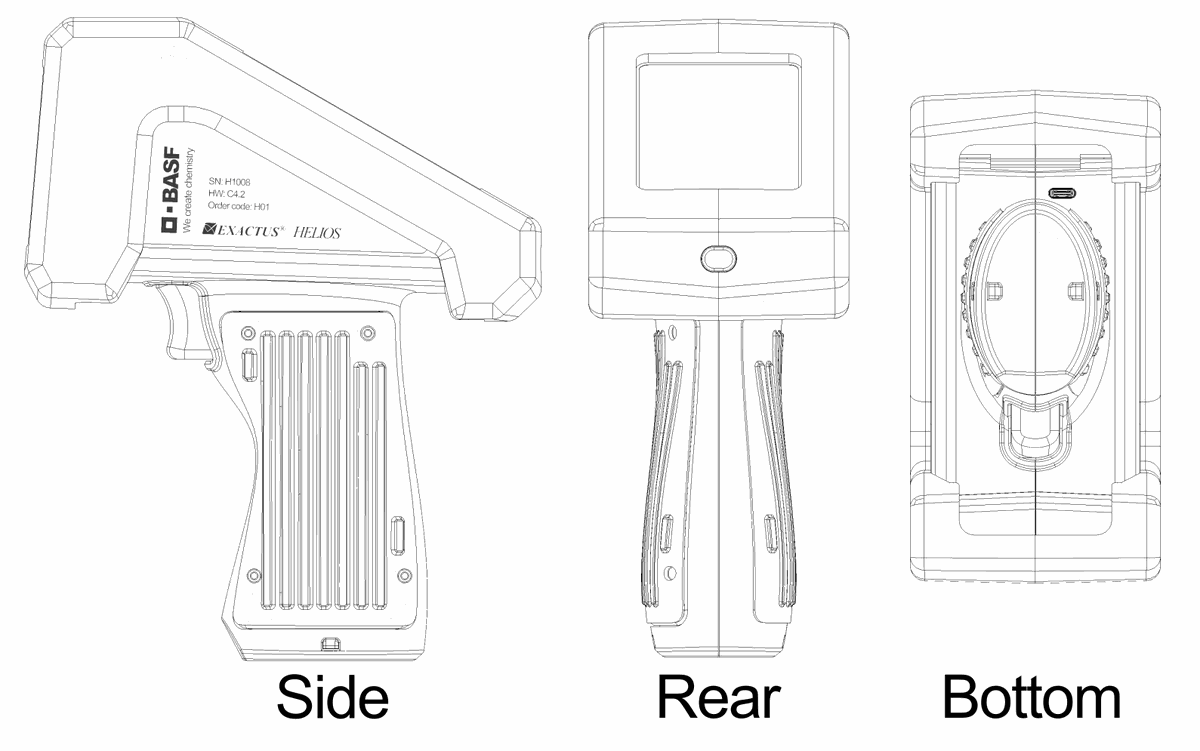 Device overview showing side, rear, and bottom views with feature callouts
