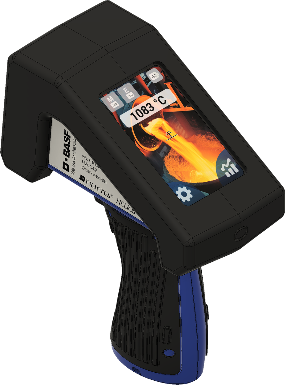 Exactus Helios handheld thermal pyrometer showing a 1083 °C live readout